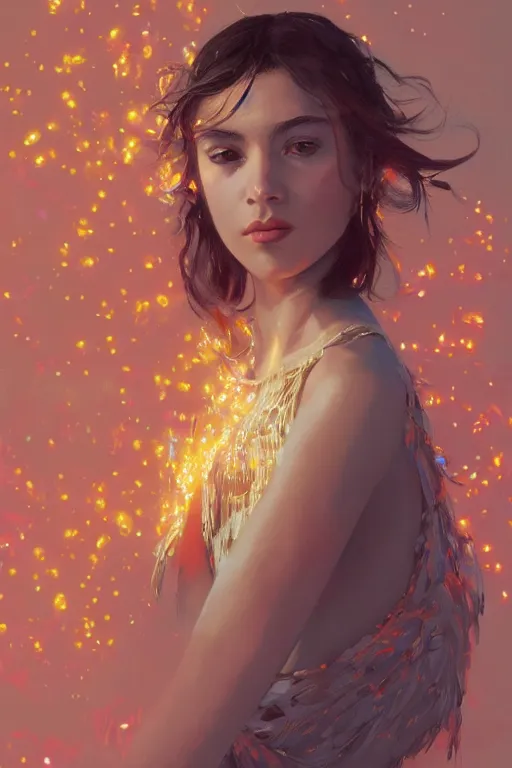 Prompt: portrait of spanish girl dancing with a skirt made out of fruit bananas, intricate, elegant, glowing lights, highly detailed, digital painting, artstation, sharp focus, illustration, art by wlop, mars ravelo and greg rutkowski