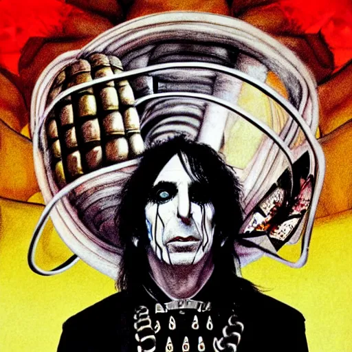 Image similar to graphic illustration, creative design, alice cooper as a nun, biopunk, francis bacon, highly detailed, hunter s thompson, concept art