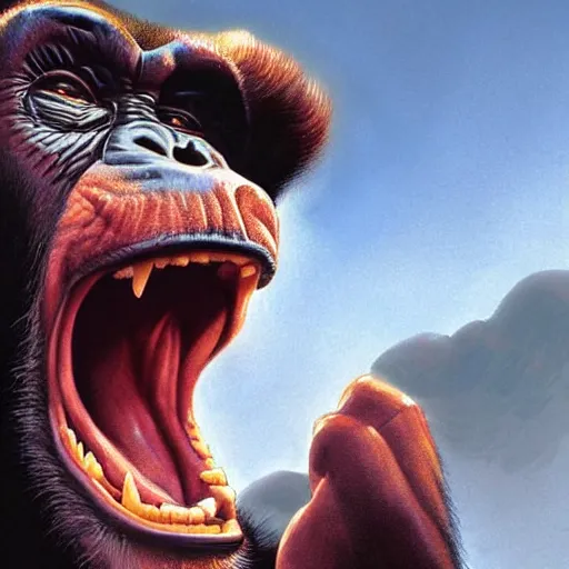 Image similar to Strong Angry Chimpanzee Screaming, Boris Vallejo, Epic, 8k resolution, ArtStation, Hyperrealistic