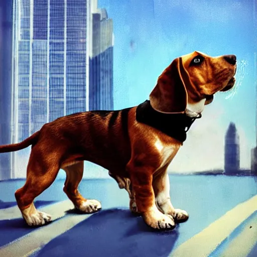 Prompt: a giant beagle wrecking havoc on a city