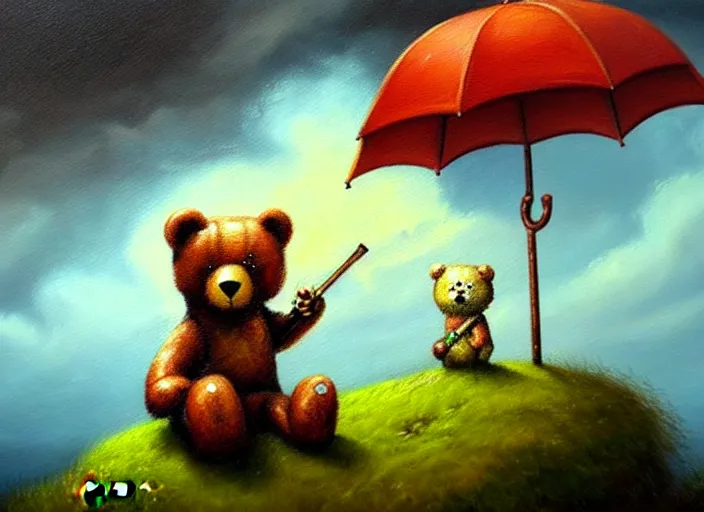 Prompt: detailed oil painting of teddy bear with umbrella by marc simonette and alexander jansson, stormy weather, concept art