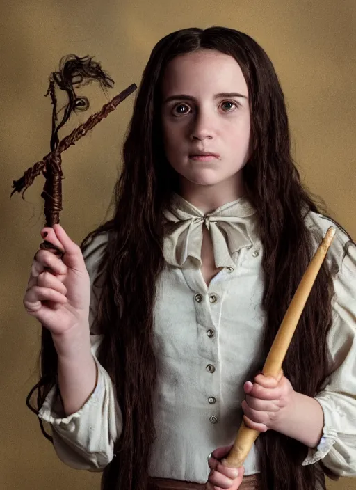 Prompt: portrait of emily compagno as hermione in the movie harry potter holding a wizard wand, by charlotte grimm, natural light, detailed face, canon eos c 3 0 0, ƒ 1. 8, 3 5 mm, 8 k, medium - format print, half body shot