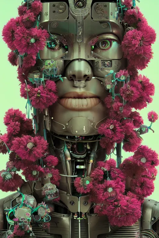 Image similar to a portrait of a robot with flowers, cyberpunk art by Mike Winkelmann, cgsociety, panfuturism, afrofuturism, made of flowers, dystopian art, vaporwave