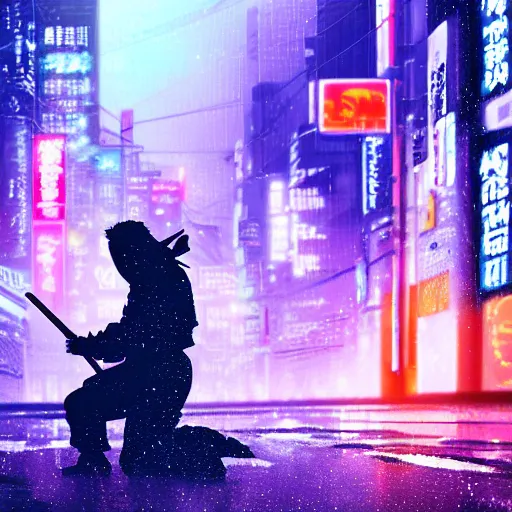 Image similar to silhouette of a samurai on his knees stabbing himself with a katana, blue and purple neon cubes coming out his body, cyberpunk rainy city at night, high quality, high detail, 4K, UHD, torii in the background, trending on ArtStation, blade runner vibes