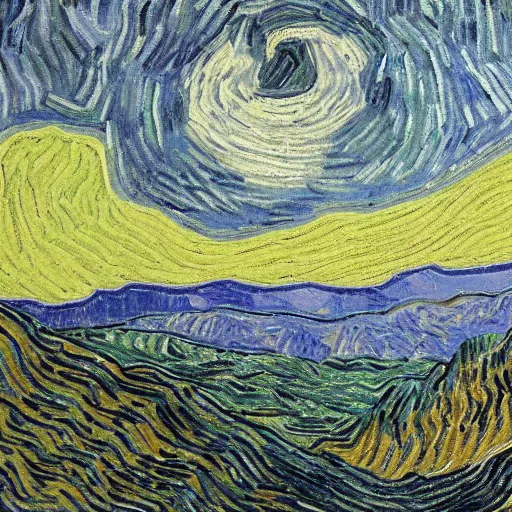 Prompt: a landscape with a lake and a mountain, van gogh style