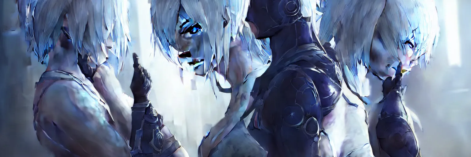 Image similar to realistic render zero from nier series by ross draws, flower in eye, futuristic dystopian city by ilya kuvshinov, digital art by ross tran, extreme intricate details, composition by sana takeda, lighting by greg rutkowski