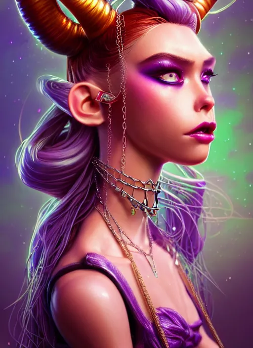 Image similar to disney weta portrait, beautiful gloss porcelain white edm raver clowncore pearl chain horned angel madison beer cyborg woman, bling, sci - fi, fantasy, cyberpunk, intricate, decadent, highly detailed, digital painting, ever after high, octane render, artstation, concept art, smooth, sharp focus, illustration, art by artgerm, loish, wlop