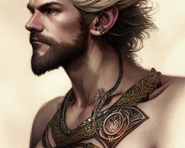 Image similar to chest tattoo of a sabretooth, deep focus, d & d, fantasy, intricate, elegant, highly detailed, digital painting, artstation, concept art, matte, sharp focus, illustration, hearthstone, art by artgerm and greg rutkowski and alphonse mucha