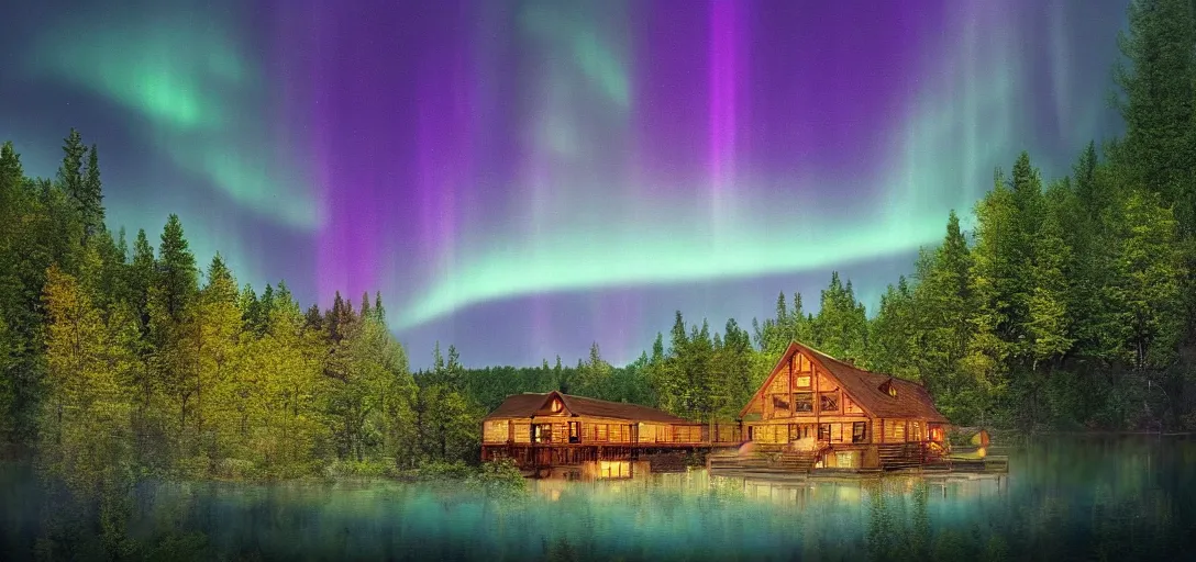 Prompt: a huge cabin in the middle of a river running through a forest, beautiful terrace, night, rainbow aurora, classic painting, award winning, highly detailed