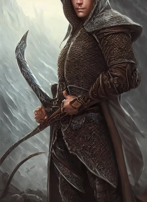 Image similar to a serious hooded half elf middle aged rogue, strong, full body, 8 k, hyperrealistic, dragon slayer, hyperdetailed, fantasy portrait by laura sava