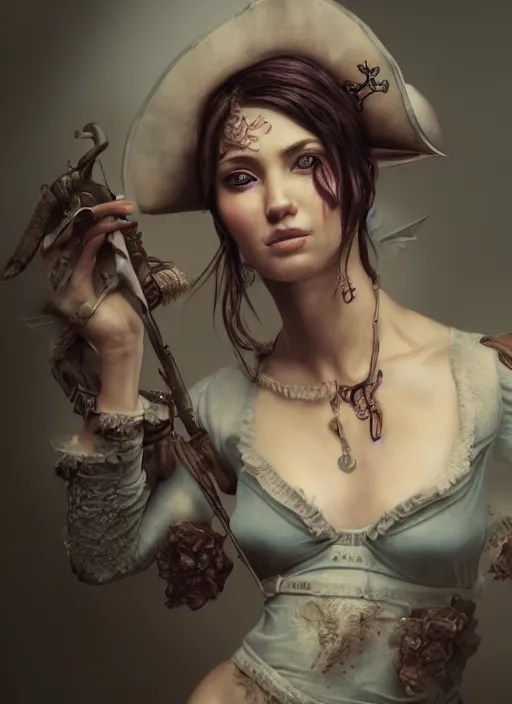 Image similar to detailed realistic full body pastel painting of a pirate female, beautiful face, elegant pose, fantasy, illustration, insanely detailed and intricate, octane render, 4k