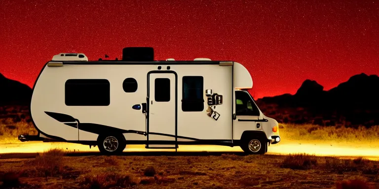Prompt: photo still of the rv from the tv show breaking bad, cinematic-shot, night lighting, night skies, 4k