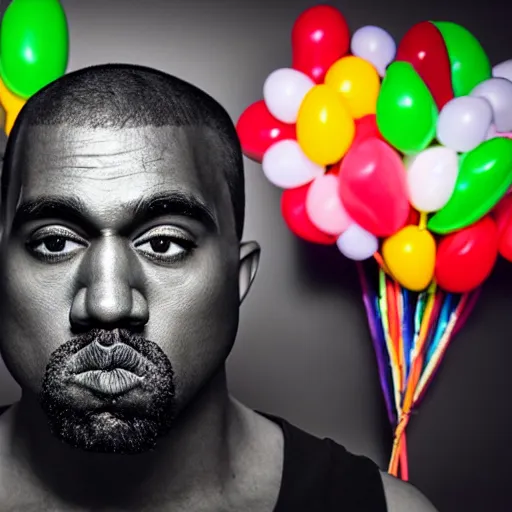 Image similar to a vintage studio portrait of kanye west clown with balloons behind him, black background, chiaroscuro lighting, camera focused on the face, close up portrait, shallow depth of field, 8 0 mm, f 1. 8