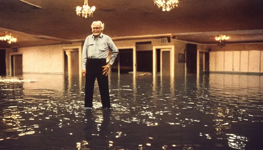 Prompt: 7 0 s movie still of an old man standing in a soviet ballroom flooded in mud, cinestill 8 0 0 t 3 5 mm eastmancolor, heavy grain, high quality, high detail