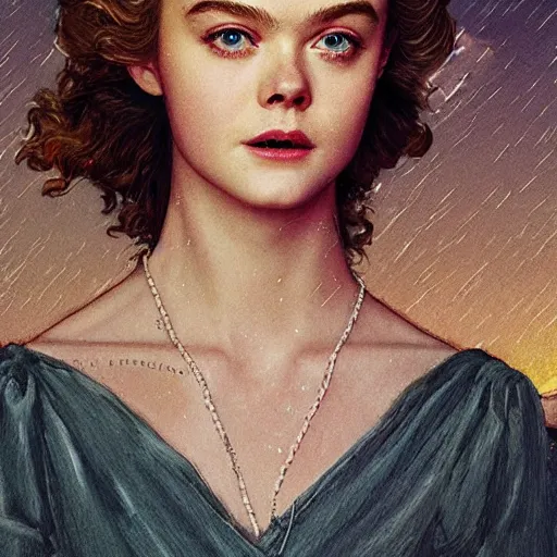 Prompt: Elle Fanning in Santorini at night, head and shoulders portrait, stormy weather, extremely detailed masterpiece, Roger Deakin’s cinematography, illustration, by Norman Rockwell,