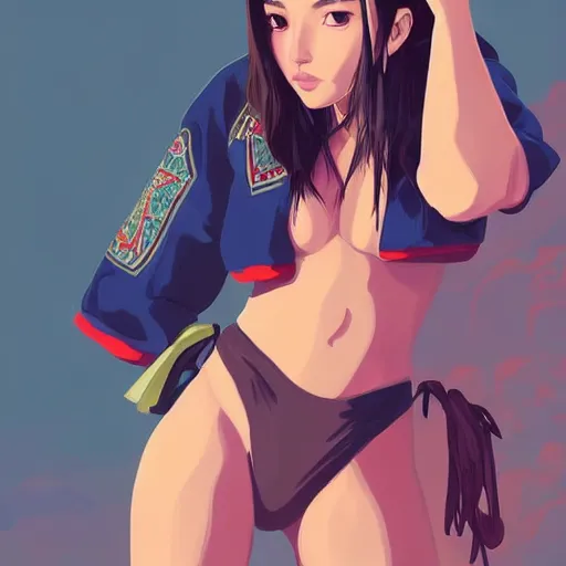 Image similar to a beautiful young japanese natalie portman alluring gravure model, stylized concept art, wearing elegant designer bomber jacket and one piece bikini, bomber jacket with mesoamerican patterns, mesoamerican native street fashion, princess mononoke, painted by ilya kuvshinov aesthetic, gorgeous, stunning, alluring, attractive, artstation, pinterest, digital art