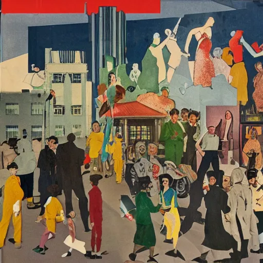 Image similar to 1950 magazine cut out collage of Cristopher Street day, Jugendstil, painted by Neo Rauch,