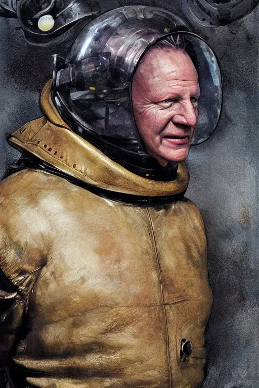 Image similar to upper body portrait of stellan skarsgård as evil, dark baron harkonnen, covered in oil, wearing old leather spacesuit, dystopian science fiction, illustration by norman rockwell, artstation character art, john william waterhouse, concept art, greg rutkowski