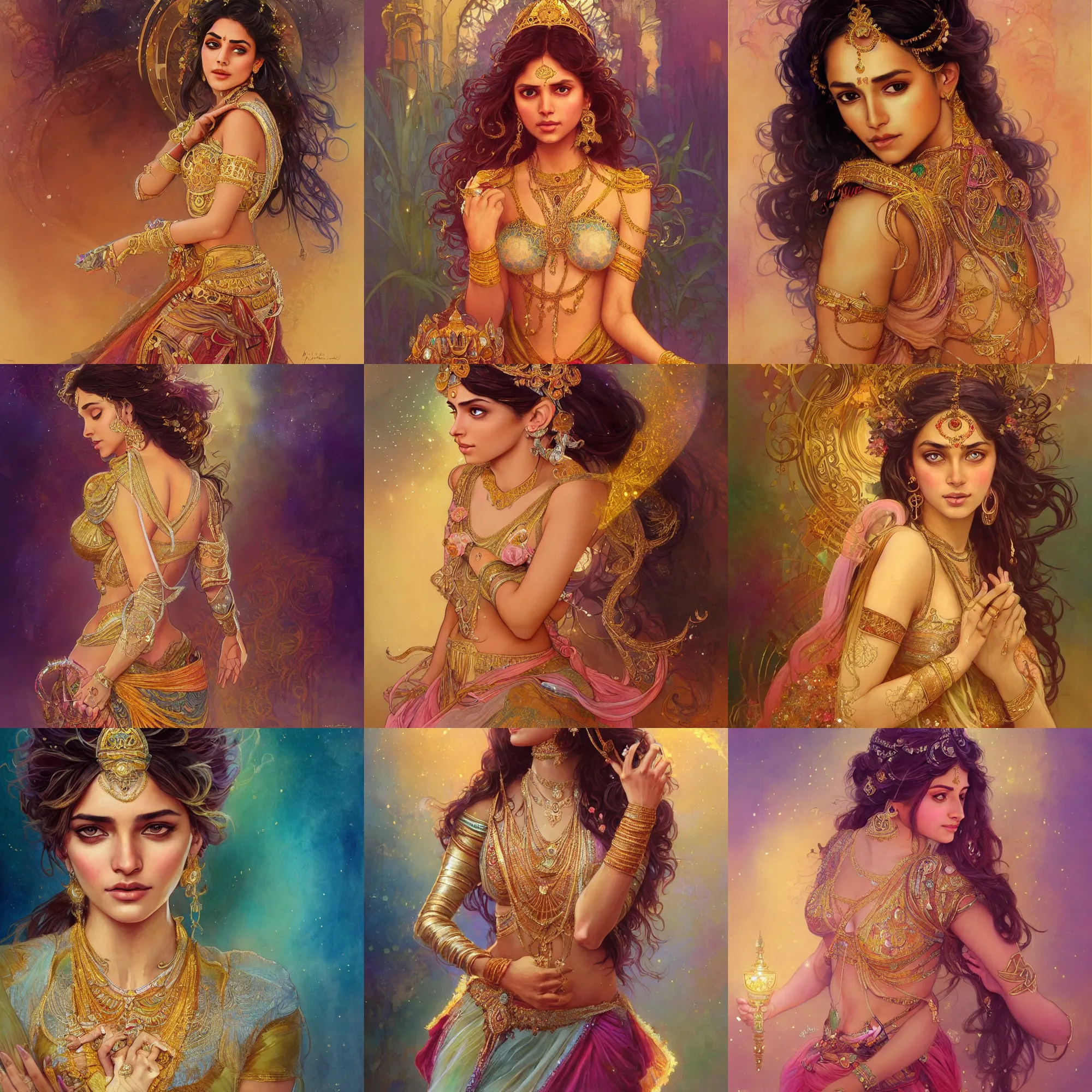 Prompt: beautiful alluring indian princess with sparkling eyes, full body portrait, highly detailed, torn gold filigree, fantasy, soft cinematic lighting, award, disney concept art, watercolor illustration by mandy jurgens and alphonse mucha and alena aenami, pastel color palette, featured on artstation