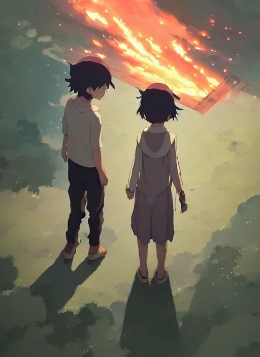 Image similar to boy and a girl in jk, standing back to back in under sky, small fire flames, illustration concept art anime key visual trending pixiv fanbox by wlop and greg rutkowski and makoto shinkai and studio ghibli