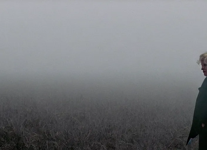 Image similar to screenshot from moody scene of Donald Trump in a foggy field entering the zone, scene from the film Stalker 1979 film directed by andrei tarkovsky, kodak film stock, anamorphic lens, 4K, film grain, detailed, stunning cinematography