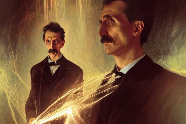 Prompt: a portrait of Nikola Tesla with a background of sparks and electricity, bright lighting, fog, volumetric lighting, intricate, elegant, highly detailed, digital painting, artstation, concept art, smooth, sharp focus, art nouveau, art by artgerm and greg rutkowski and alphonse mucha