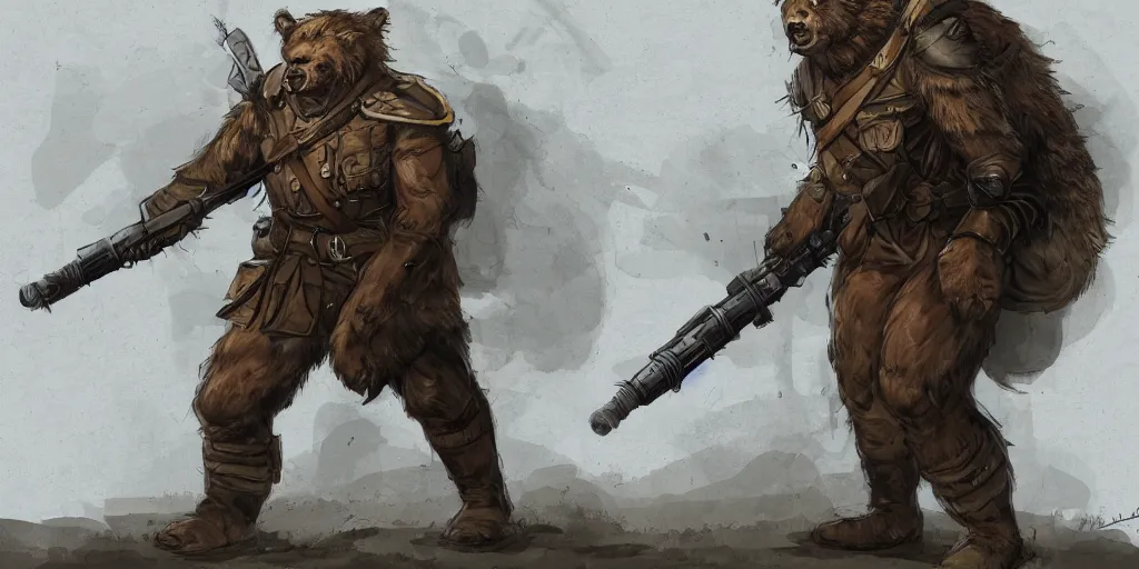 Image similar to concept art of a high fantasy ww1 bear beast-man soldier using a bazooka trending on artstation, detailed high resolution