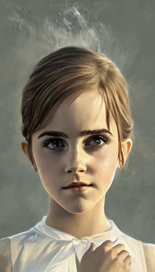 Image similar to Angel, perfectly-centered-painting of young Emma Watson in Mad Men looking at the camera, hands not visible, sweaty, wet, dynamic action pose, insane, intricate, highly detailed, digital painting, photography, artstation, concept art, smooth, sharp focus, illustration, Unreal Engine 5, 8K, art by artgerm and greg rutkowski and alphonse mucha