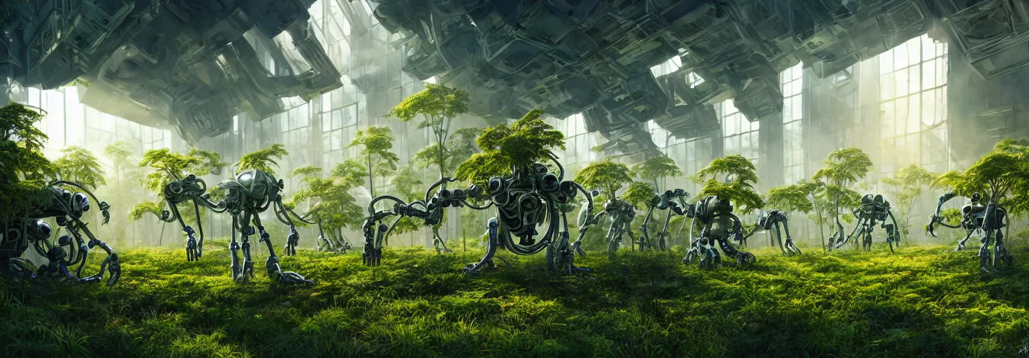 Prompt: brightly sunlit overgrown with plants and abandoned organic chemistry laboratory from the distant future staffed by dysfunctional multiarmed bipedal robots, science fiction industrial hard science concept art, 8K render octane high definition cgsociety