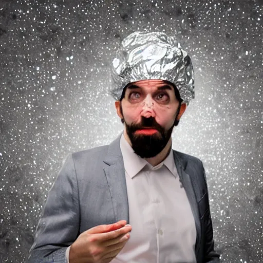 Prompt: crazy man wearing a tinfoil hat