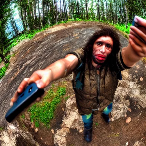 Prompt: Neanderthal warrior taking a selfie after battle, fisheye lens