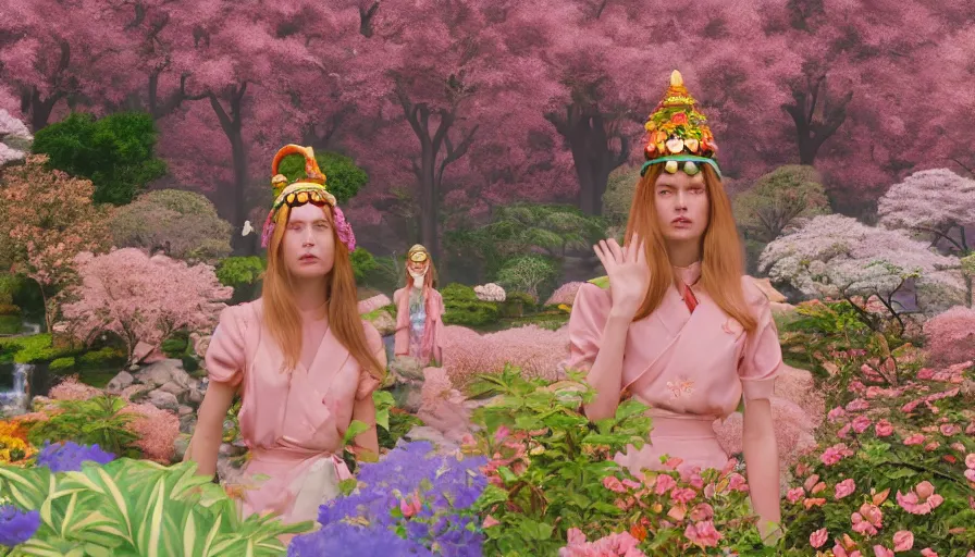 Image similar to , movie still by wes anderson of a beautiful girl wearing gucci exploring a magical japanese garden of flowers, glowing temple in the distance, floating magical deity heads with gucci headdresses, miniature cities, cinestill 8 0 0 t eastmancolor technicolor, high quality, very detailed, heavy grain, fine facial features, 8 k, octane render