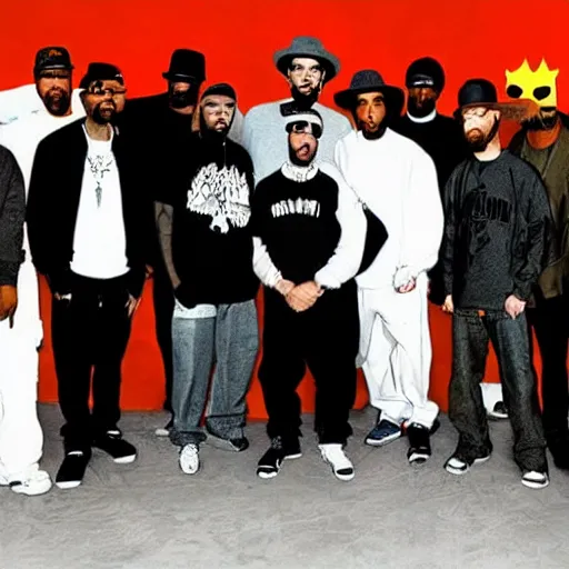 Image similar to heisenberg posing with the wu - tang clan, realistic