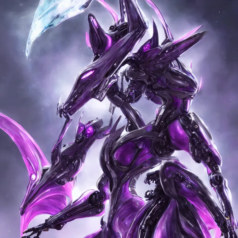 Image similar to cinematic front shot, cosmic sized proportional stunning beautiful hot female warframe, detailed robot mecha female dragon head, metal ears purple eyes, sleek silver armor, fuschia skin, floating in empty space, nebula sized, posing elegantly, epic proportions, epic size, epic scale, furry art, dragon art, giantess art, warframe fanart, furaffinity, deviantart