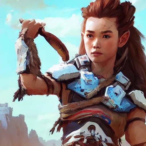 Prompt: wide shot, aloy from horizon zero dawn eating a bannana, digital art, highly detailed, digital painting, symmetry, concept art, sharp focus, illustration, art by artgerm! greg rutkowski magali villeneuve wlop! ilya kuvshinov!!, octane render