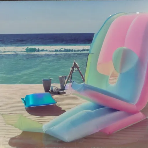 Image similar to a pastel colour high fidelity Polaroid photo from a holiday album at a seaside with abstract inflatable relaxing parachute furniture, all objects made of transparent iridescent Perspex no people, iridescence, nostalgic