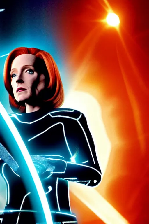 Prompt: dana scully in tron : legacy ( 2 0 1 0 ) and lord of the rings : the two towers ( 2 0 0 2 )