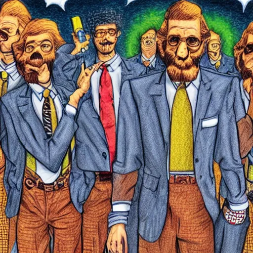 Image similar to The Artwork of R. Crumb and his Cheap Suit Rockers, pencil and colored marker artwork, trailer-trash lifestyle