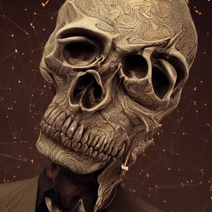 Image similar to portrait of an alien king skull in a suit. intricate abstract. intricate artwork. nightmare fuel. by tooth wu wlop beeple dan mumford. octane _ render