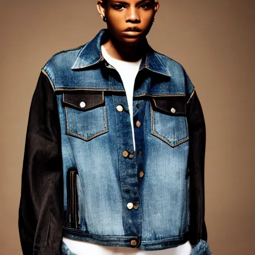 Prompt: realistic photoshooting for a new balenciaga lookbook color film photography portrait of a beautiful woman model, model wears a black paneled denim jacket, photo in style of tyler mitchell