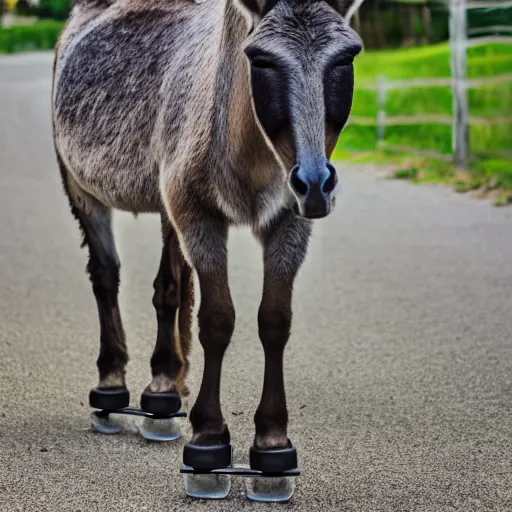 Prompt: portrait of a donkey on rollerskates, canon eos r 3, f / 1. 4, iso 2 0 0, 1 / 1 6 0 s, 8 k, raw, unedited, symmetrical balance, wide angle