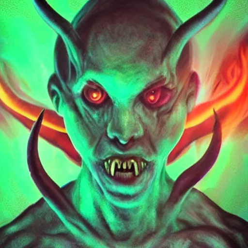 Image similar to realistic alien, medium shot portrait, devil horns,,!!!!! human eyes!!!!!!, green body. red eyes, background flames