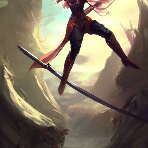 Image similar to a woman flying through the air while holding onto a sword, concept art by yi inmun, featured on polycount, dau - al - set, high resolution, glorious, official art