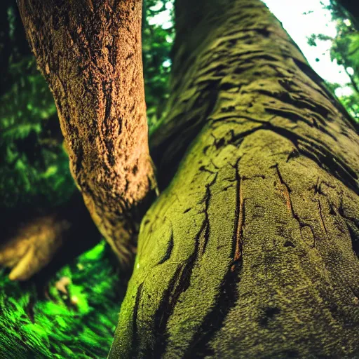 Image similar to ultra wide fisheye photo if a hiker accidentally carving their name into the bark at the base of a gigantic tree ent's leg, which looks down at him from high above angrily, trending on artstation hyperreal