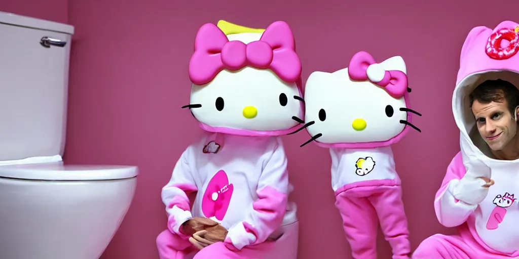 Image similar to picture of emmanuel macron dressed in a hello kitty kigurumi on a toilet, photorealistic, higly detailed, 8 k