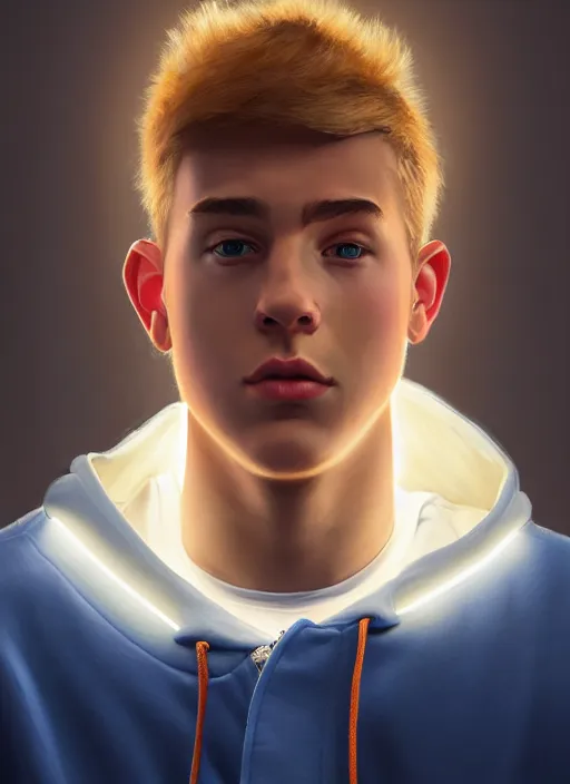 Image similar to portrait of high school senior boy named big moose, blonde short hair, jock, beefy, wide face, square jaw, square facial structure, blue varsity jacket with letter r, intricate, elegant, glowing lights, highly detailed, digital painting, artstation, concept art, sharp focus, illustration, art by wlop, mars ravelo and greg rutkowski