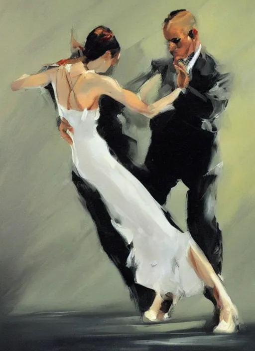 Image similar to tango dancerin in white dress, painting by phil hale, fransico goya,'action lines '!!!, graphic style, visible brushstrokes, motion blur, blurry, visible paint texture, crisp hd image