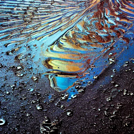 Prompt: a high resolution photograph of an oil slick on a puddle