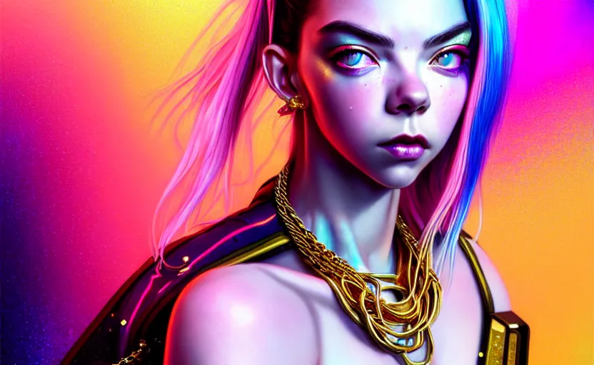 Prompt: hyperdetailed portrait of a stunningly beautiful cyberpunk cutie anya taylor joy made of iridescent metals and shiny pink gems, bright rainbow nimbus, gold necklace, gold background inspired by ross tran and masamune shirow and kuvshinov, intricate, photorealistic, octane render, rtx, hdr, unreal engine, dnd digital art by artgerm