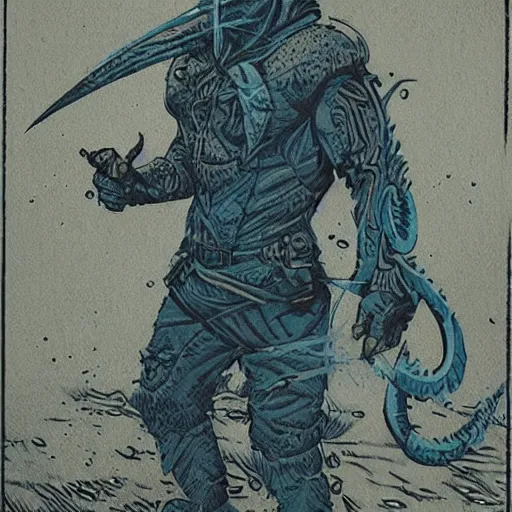 Prompt: blue woodcut print cartoon, tiefling by greg rutkowski, fine details, highly detailed